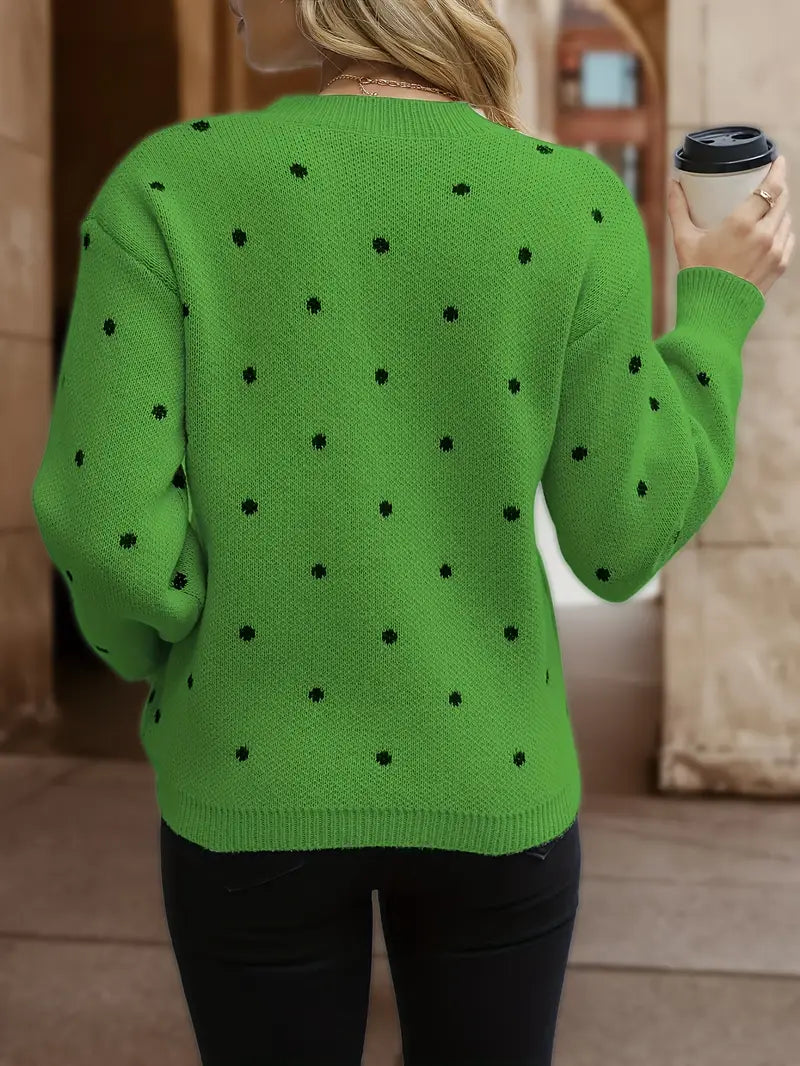 Pull-over Jacquard à Pois – Col Rond et Manches Longues